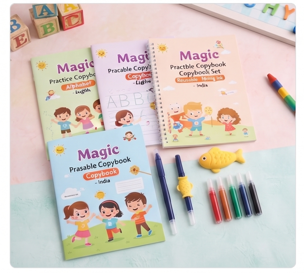 Magic Reusable Calligraphy Copybook Set for Kids – Handwriting Practice, Groove Learning & Pen Control (4 Books + 1 Pen + Refills)